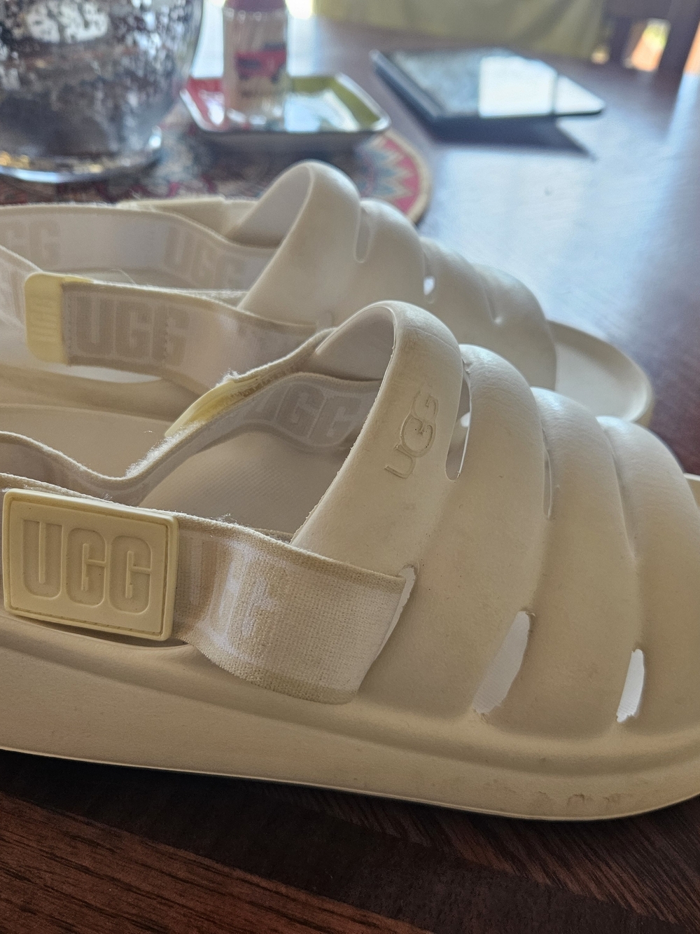Womans UGG Cream Slide Sandals with Branded Strap
